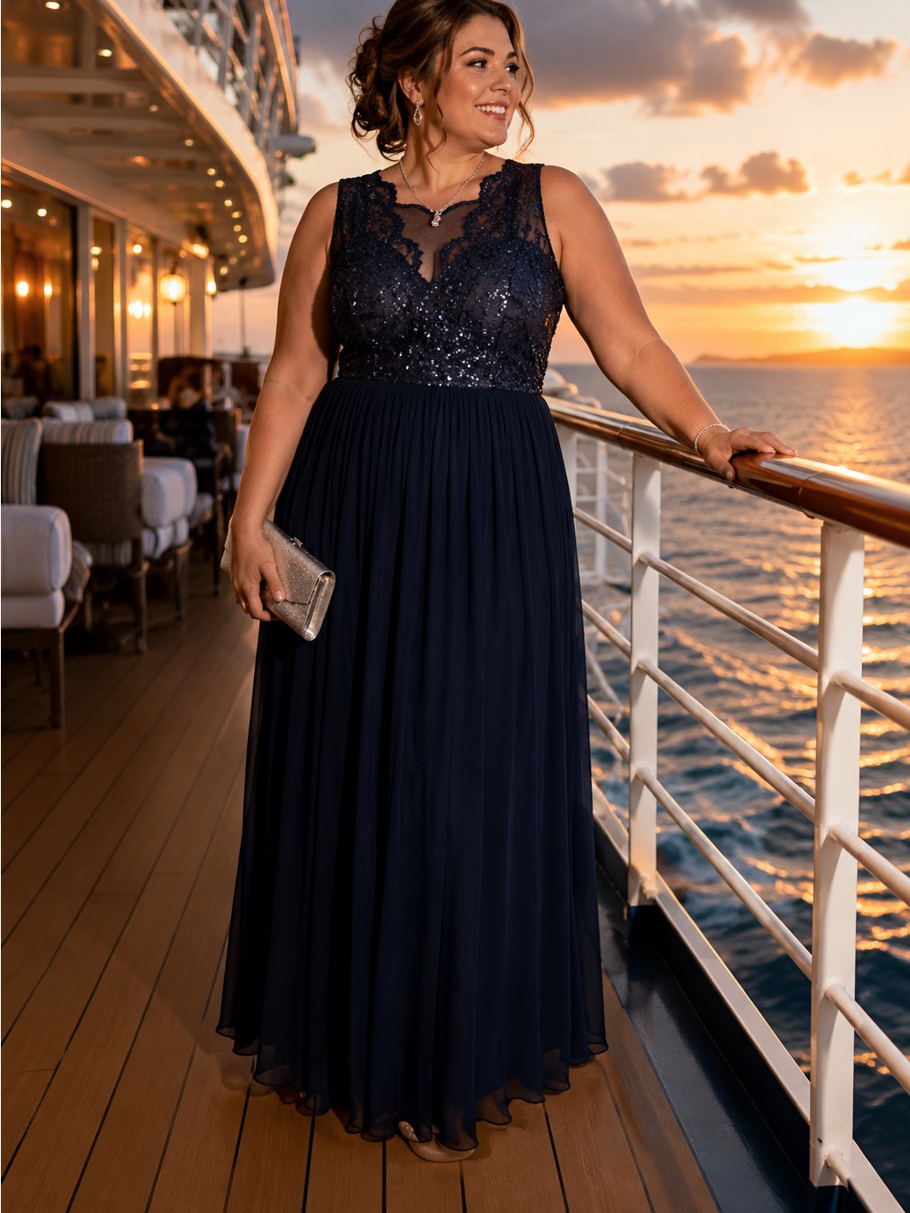 Nightway Navy Sequin Illusion Gown